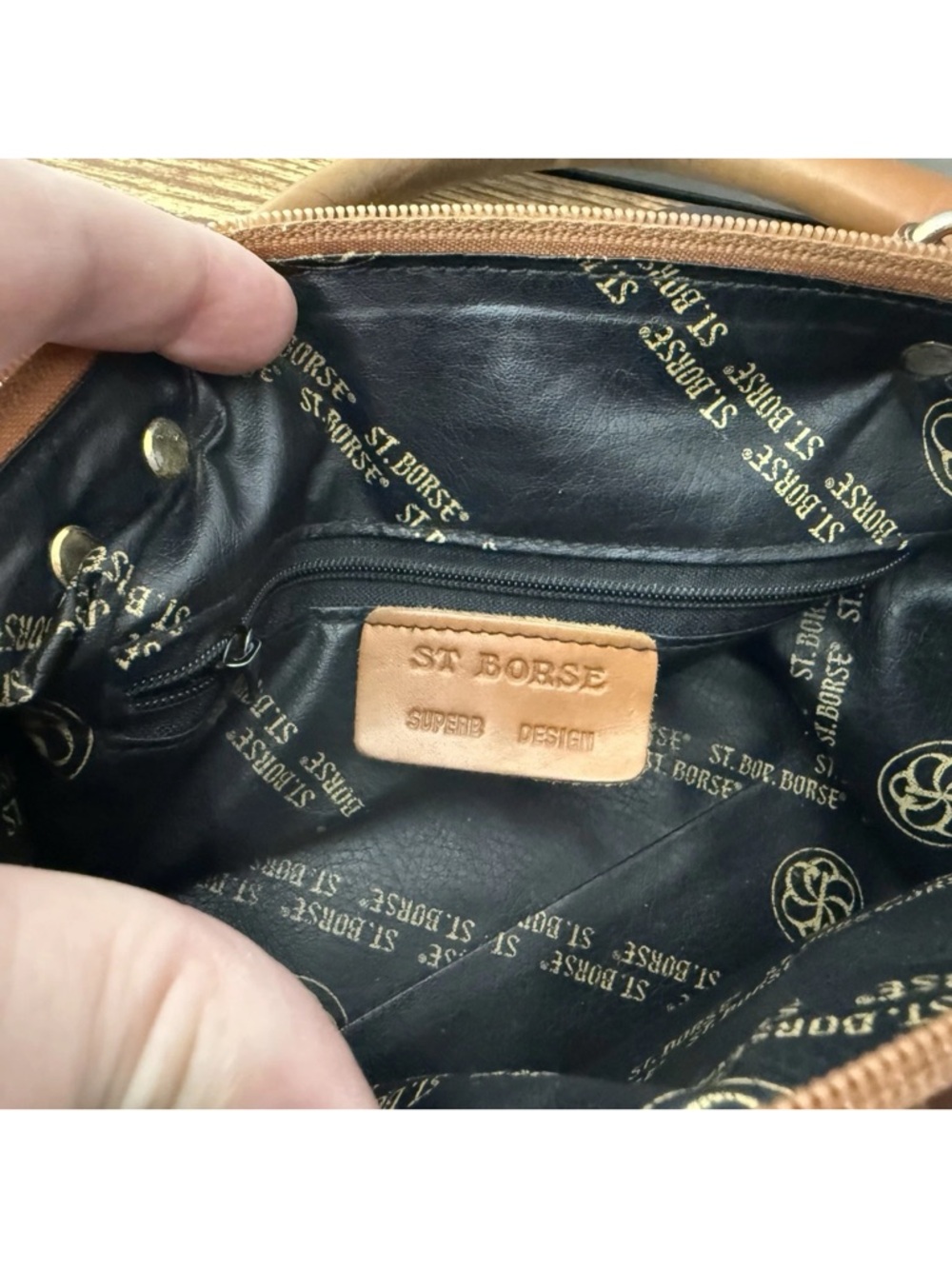 Saint Borse Vintage Satchel Purse Bag Pebbled Faux Leather Black Brown Lined - Picture 10 of 10
